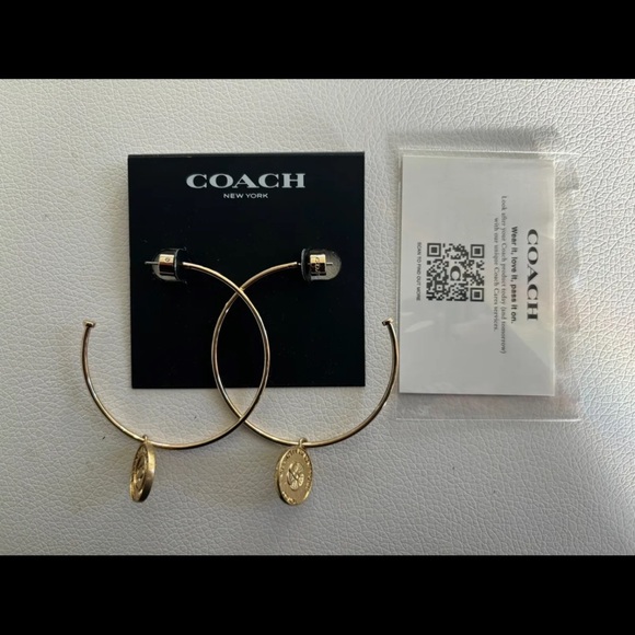 NWT Coach Two-Tone Signature Coin Charm Hoop Earrings - Picture 1 of 9